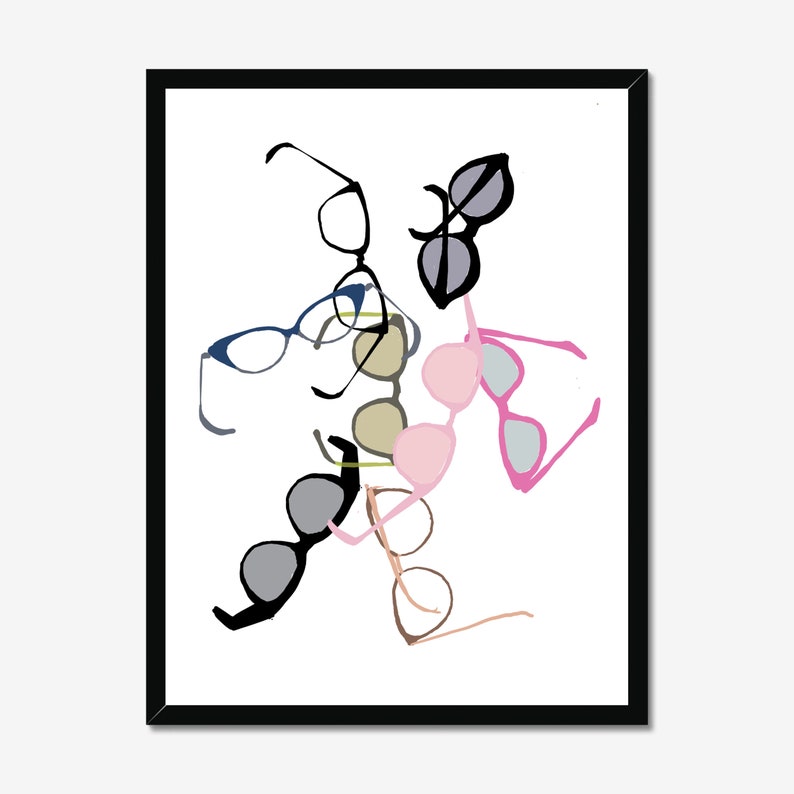 May include: An abstract illustration of a collection of eyeglasses and sunglasses in various colors and styles, including pink, blue, black, and brown.
