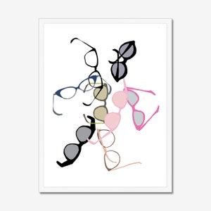May include: An abstract illustration of a collection of eyeglasses and sunglasses in various colors, including black, blue, pink, and brown.