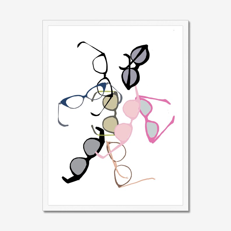 May include: An abstract illustration of a collection of eyeglasses and sunglasses in various colors, including black, blue, pink, and brown.