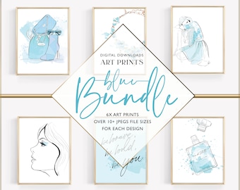Blue Bundle - PRINTABLE art, Fashion Illustration Wall Art, wall decor, Blue decor, Fashion art, Watercolour poster, digital download