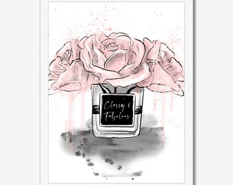 Rose rosa - Arte floreale, stampa di illustrazioni di moda, belle arti, stampa artistica da parete, illustrazione di poster, decorazione, citazione, decorazione per ufficio