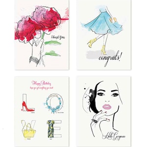Jeu de cartes Pretty Lady - cartes de voeux, illustration de mode, carte de remerciement, pivoines, juste parce que, carte d'art