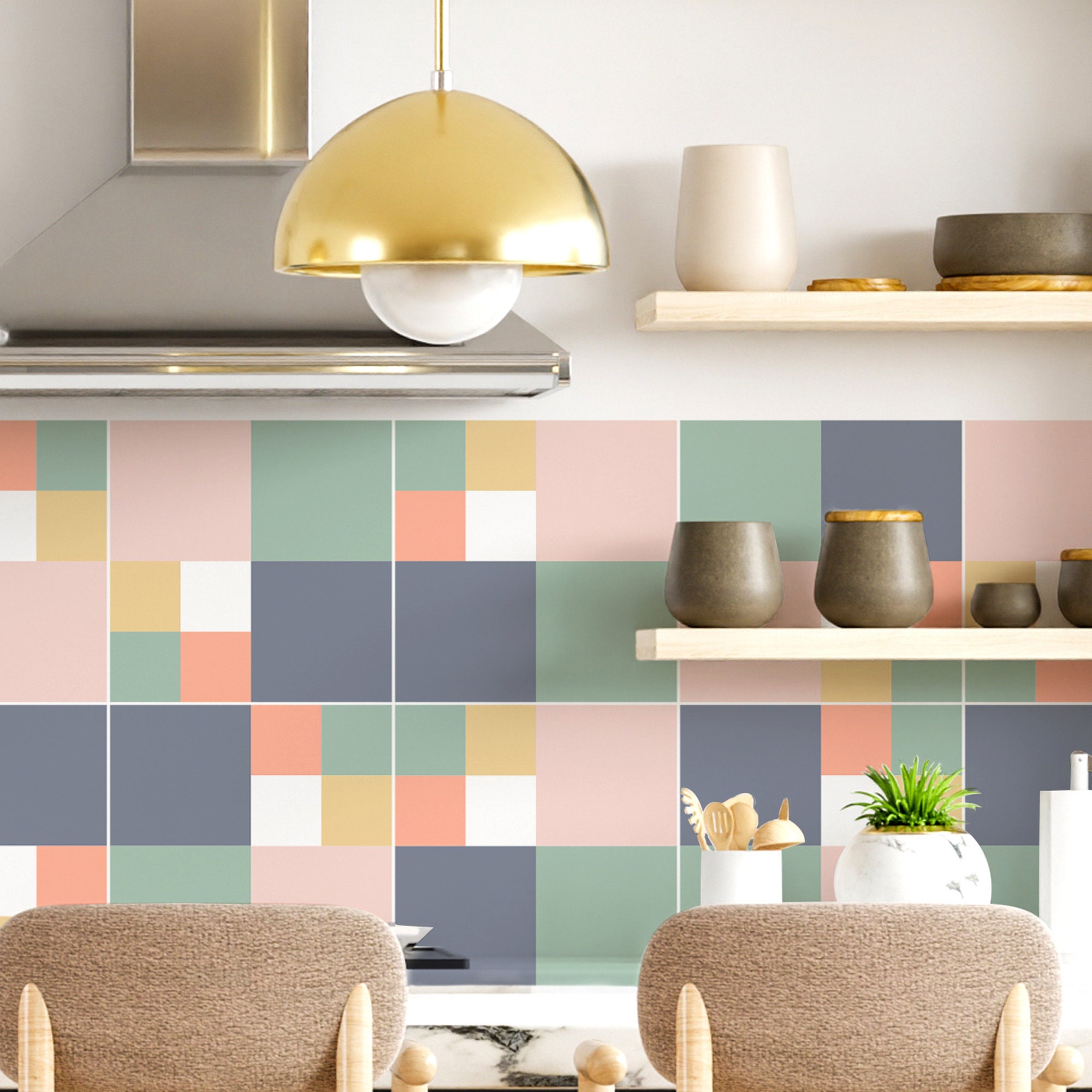 Floor tile stickers, Modern geometric graphic backsplash, Peel and stick tiles wall and floor - Custom colors - Set of 24 or 48 pcs - #78