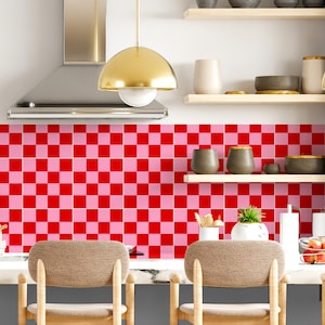 Retro Checkered Tile Decals, Pink and Red, Peel and Stick Backsplash