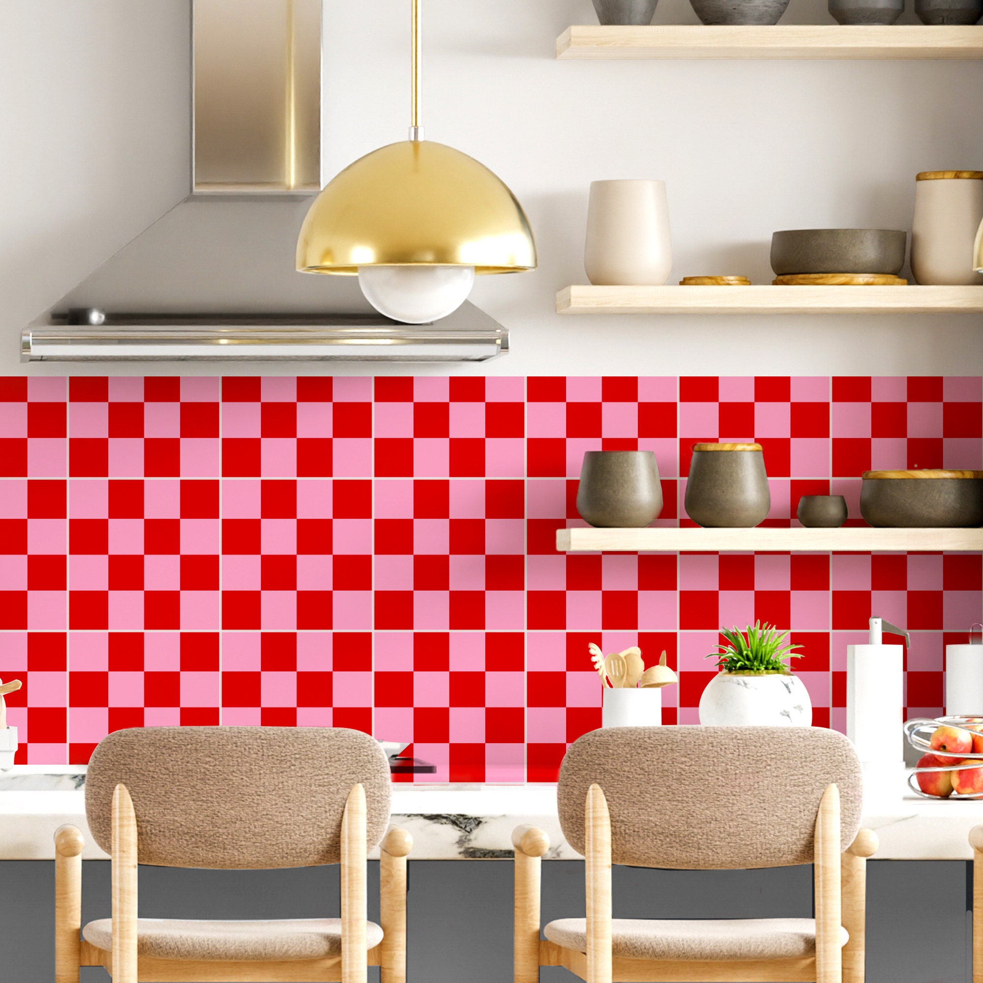 Peel and Stick Tile, Backsplash Decals - Checkered Retro Pink and