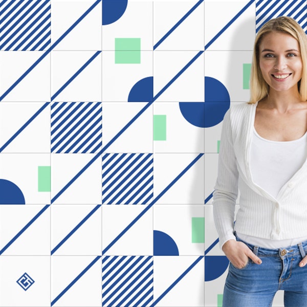 Geometric Blue & Mint Tile Stickers, Peel and Stick Decals, #211