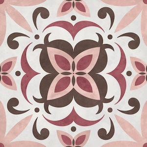 May include: A square tile with a repeating pattern of pink, brown, and white floral designs. The tile has a vintage, distressed look.
