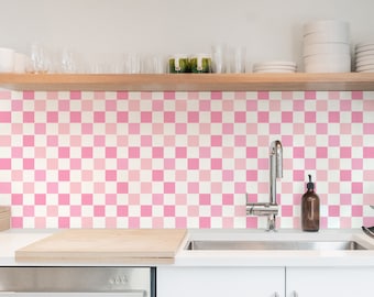 Peel and stick tile, Backsplash decals - Checkered retro pink tile - Midcentury modern - Custom colors tiles - Set of 24 or 48 pcs - #261