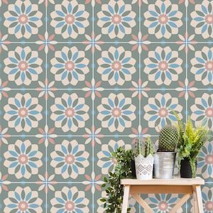 Peel and stick tile for wall and floor, Backsplash decals - Green pink floral retro tile - Custom color tiles - Set of 24 or 48 pcs - #265