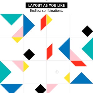 May include: A geometric design with various shapes in teal, blue, red, yellow, pink, and black on a white grid. The text "LAYOUT AS YOU LIKE" and "Endless combinations" is displayed above the design, along with a lightbulb icon.