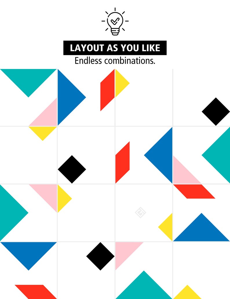 May include: A geometric design with various shapes in teal, blue, red, yellow, pink, and black on a white grid. The text "LAYOUT AS YOU LIKE" and "Endless combinations" is displayed above the design, along with a lightbulb icon.