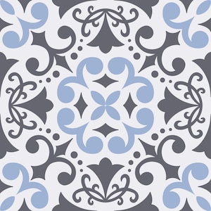 May include: A seamless pattern tile design with a white background, intricate black and blue floral patterns, and a repeating geometric design in the center.