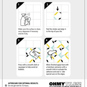 May include: Illustrated instructions on how to apply tile stickers. Steps include cleaning the surface, peeling and aligning the sticker, pressing with a cloth, and applying heat. The image also includes aftercare instructions and the OhMyTiles! logo.