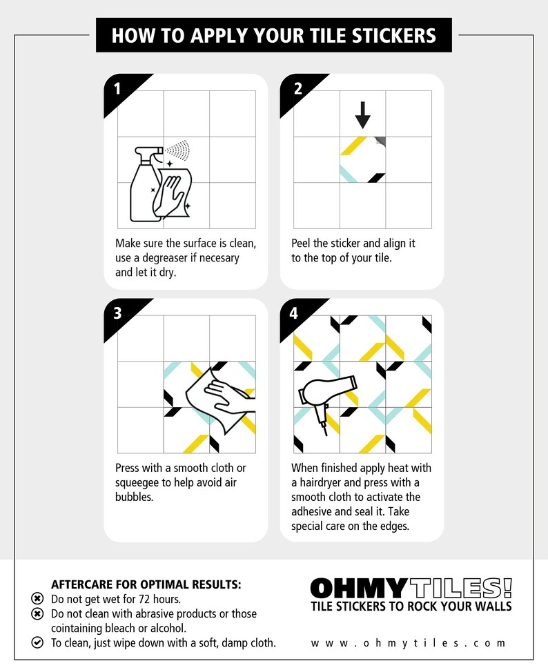 May include: Illustrated instructions on how to apply tile stickers. Steps include cleaning the surface, peeling and aligning the sticker, pressing with a cloth, and applying heat. The image also includes aftercare instructions and the OhMyTiles! logo.