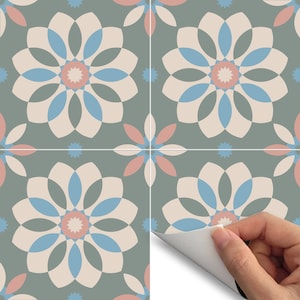 Peel and Stick Tile, Backsplash Decals Green Pink Floral Retro Tile Set ...