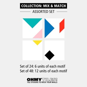 May include: An assortment of geometric tile stickers with a white background. The stickers feature various shapes in teal, blue, red, pink, yellow, and black. The text reads "COLLECTION: MIX & MATCH ASSORTED SET" and "OHMYTILES! TILE STICKERS TO ROCK YOUR WALLS."