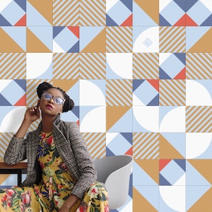 フロア タイル ステッカー、モダンな幾何学模様のグラフィック バックスプラッシュ、壁と床用の剥がして貼るタイル - カスタム カラー、24 個または 48 個セット - #115