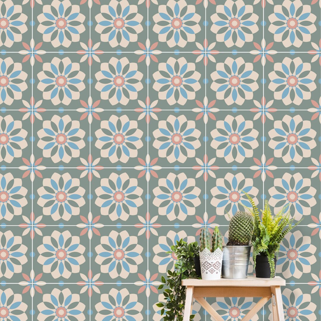 Peel and Stick Tile, Backsplash Decals Green Pink Floral Retro Tile Set ...