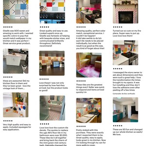 May include: A collection of customer reviews showcasing various decorative tile applications. The images display colorful, geometric patterns used on kitchen backsplashes, floors, and bathroom walls. The reviews highlight ease of use and high quality.