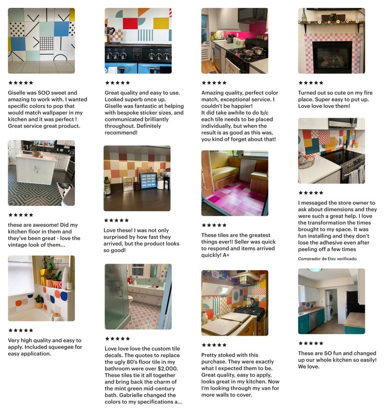 May include: A collection of customer reviews showcasing various decorative tile applications. The images display colorful, geometric patterns used on kitchen backsplashes, floors, and bathroom walls. The reviews highlight ease of use and high quality.