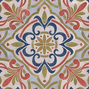 May include: A decorative tile with a blue, red, and gold floral pattern. The tile has a distressed, vintage look.