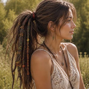May include: A person with long brown hair styled in a high ponytail featuring multiple dark brown dreadlocks adorned with metallic gold and copper wire wraps, small beads, and a tiny sunflower charm, wearing a cream-colored lace sleeveless top.