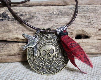 Medallion and Charms Necklace: Pirates of the Caribbean Brass-Plated Coin, Adjustable Leather Cord