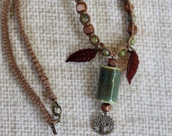 Macrame Tree of Life Necklace: Unakite Gemstone, Ceramic Pendant