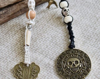 Pirate Coin Keychains/Bead Strand: Two Choices with Sparrow Charm, Skulls, Chinese Coin, Medallion