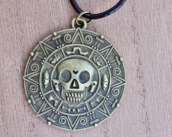 Pirates of the Caribbean Medallion Necklace: Brass-Plated Coin, Adjustable Leather Cord