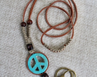 Leather ID/Phone Lanyard with peace sign, Suede, Hemp & Wood Beads