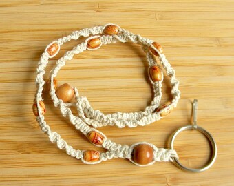Macrame Hemp Lanyard with Wood Beads: Hippie Style ID/Phone Holder