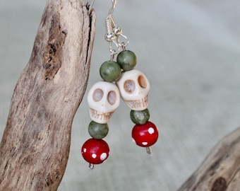 Skull earrings with genuine jade, howlite stone skulls, red wood skunk beads