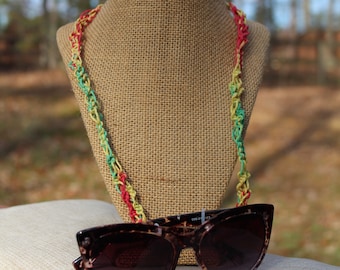 Portagafas/gafas de sol hippie: Macramé con cordón de cáñamo multicolor, gran cuenta de madera pintada