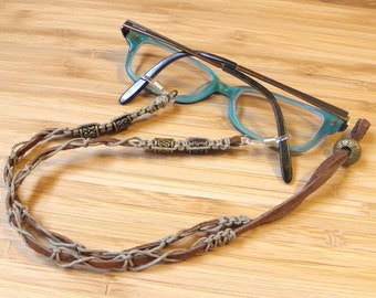 Eyeglass/Face Mask Holder: Suede Leather, Bronze & Brass Beads, Adjustable Length
