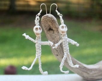 Skeleton earrings with white howlite stone skull bead and natural Hemptique hemp cord
