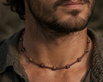 Macrame choker necklace with genuine leopard jasper beads, light brown hemp