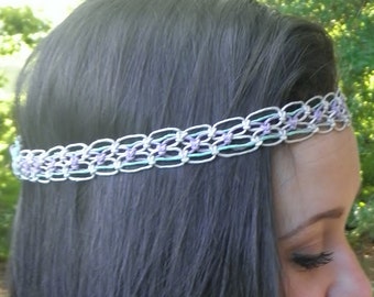 Macrame headband with elastic and mint, lilac and natural hemp