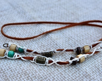 Leather Eyeglass Lanyard, Hemp Macrame Beaded Mask Holder