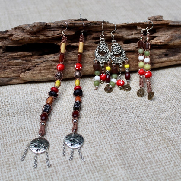 Earrings inspired by Jack Sparrow's dreadlocks: Three styles with hemp, Chinese coin charm, jade, wood and acrylic beads