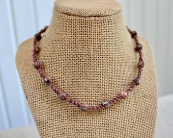 Macrame choker necklace with genuine leopard jasper beads, light brown hemp