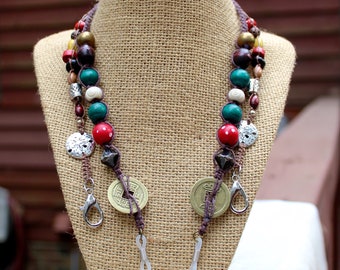 Cordón para gafas: inspirado en piratas, cordón de cáñamo, cuentas de hueso y madera