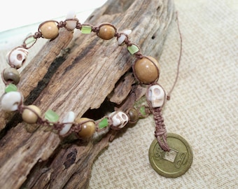 Pirate Hair Bead Strand: Skull, Seashell, Hemp Cord - Luck Coin Charm