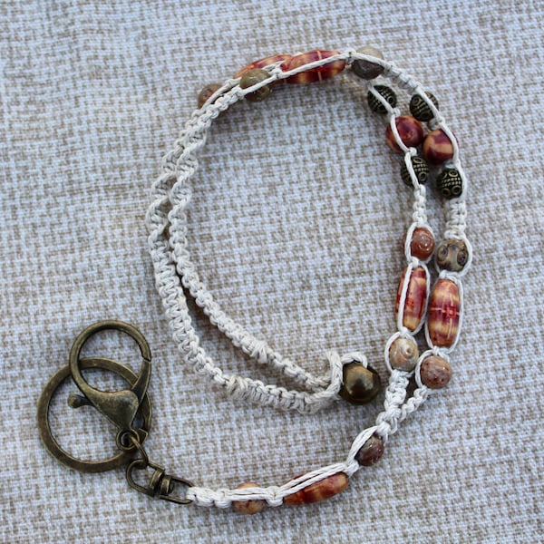 ID lanyard with macrame natural hemp cord, carved soapstone beads, brass: Your length choice