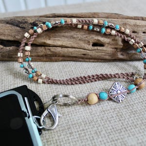 Macrame ID/Phone Lanyard: Hemp, Turquoise & Silver Boho Beaded ID Badge Holder
