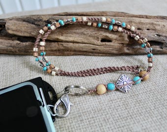 Macrame ID/Phone Lanyard: Hemp, Turquoise & Silver Boho Beaded ID Badge Holder