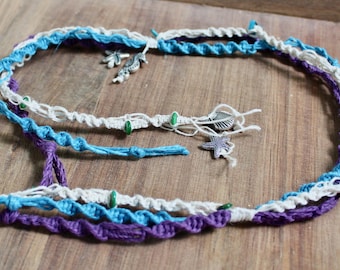 Mermaid Hair Extension with hemp; shell beads; silver seahorse and starfish charms
