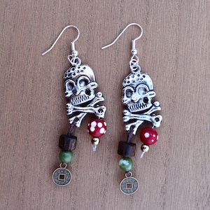 Pirate earrings inspired by Jack Sparrow&#39;s dreadlocks with Chinese coin charm, hemp, jade, wood and acrylic beads