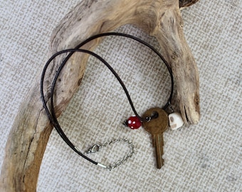 Pirate Key Necklace, Howlite Skull, Leather Cord