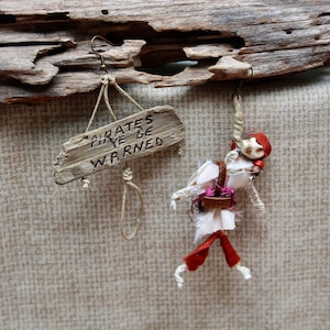 Earrings inspired by &quot;Pirates of the Caribbean&quot; Pirates Ye Be Warned scene with driftwood, hemp, leather, fabric, wool and beads